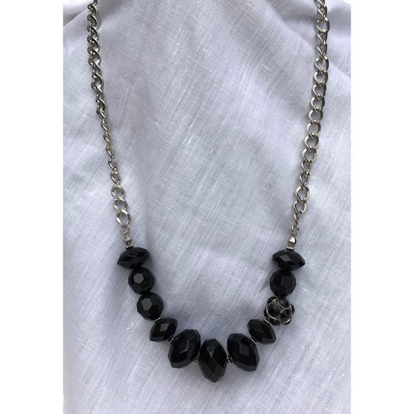 Silver Tone and Black Faceted Bead Asymmetric Necklace - Picture 1 of 4